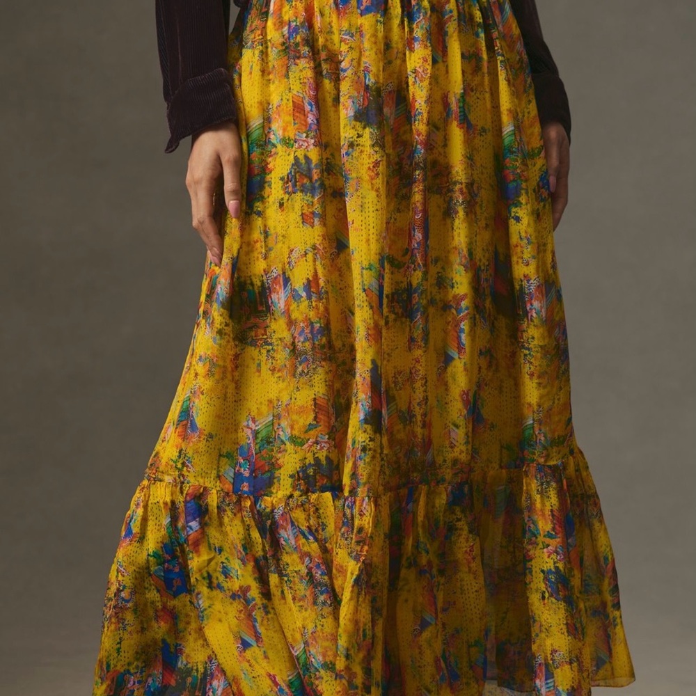 Anthropologie Yellow Floral Maxi Skirt with Multicolor Print